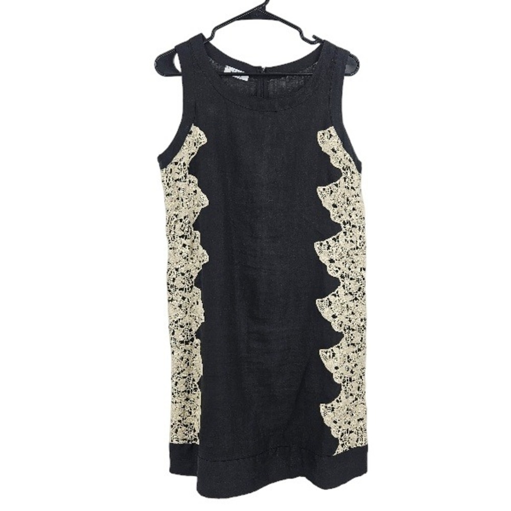 Idillio Positano Shift Dress Black Linen Embroidered Crochet Lace Mini Size L